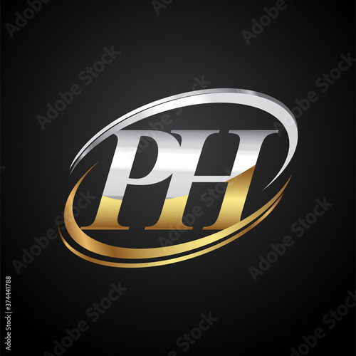 initial letter PH logotype company name colored gold and silver swoosh design. isolated on black background.