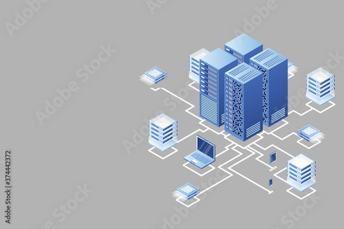 Concept of data network management .Vector isometric map with business networking servers  computers and devices.Cloud storage data and synchronization of devices.3d isometric style