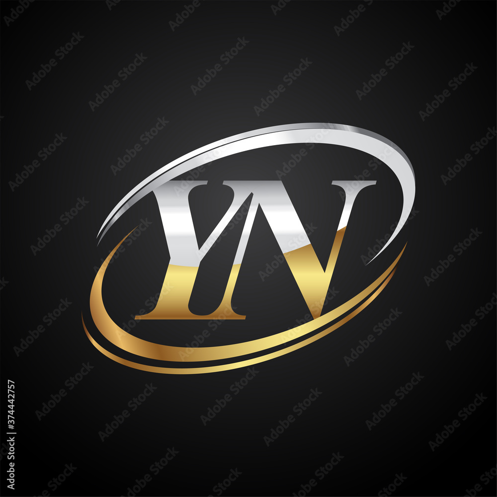 initial letter YN logotype company name colored gold and silver swoosh design. isolated on black background. - obrazy, fototapety, plakaty 