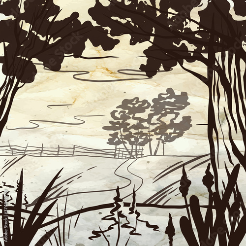 Natural sketch of a meadow with a road, a fence and trees on old paper. Tranquil peaceful rural landscape on parchment. Vector ink element for labels, cards and your creativity