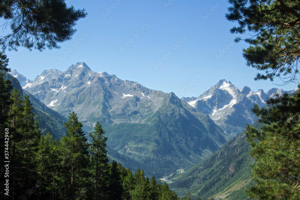 View of the mountain landscape with coniferous forests, glaciers and mountain peaks.