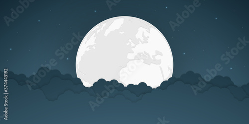 Full moon and bright stars with cloud, vector illustration.