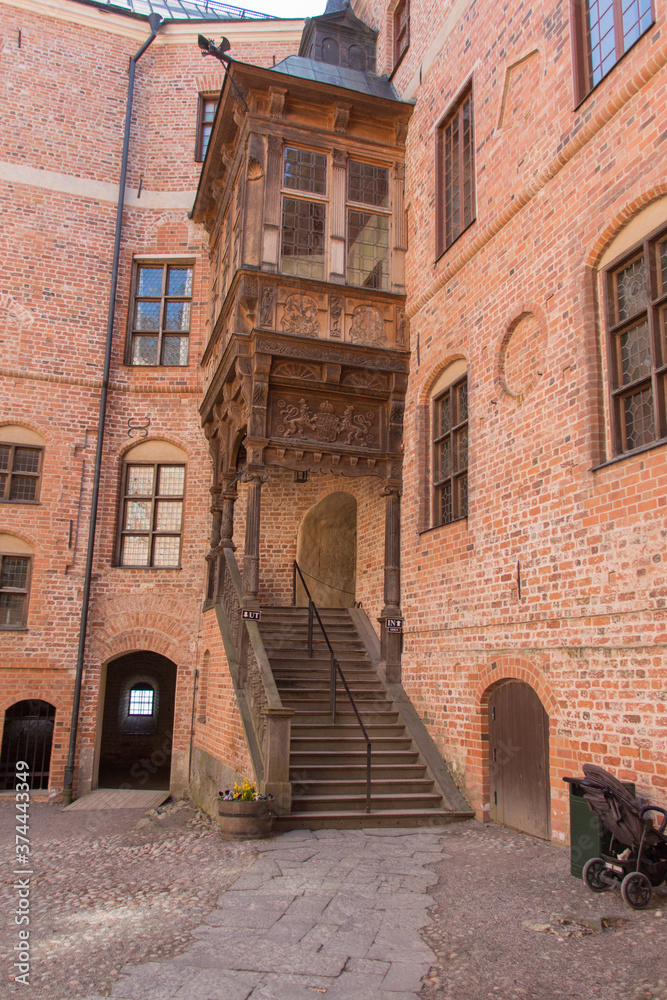 Mariefred, Sweden - April 20 2019: the view of the inner courtyard of Gripsholm Castle on April 20 2019 in Mariefred, Sweden.
