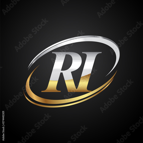 initial letter RI logotype company name colored gold and silver swoosh design. isolated on black background.