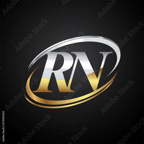initial letter RN logotype company name colored gold and silver swoosh design. isolated on black background.