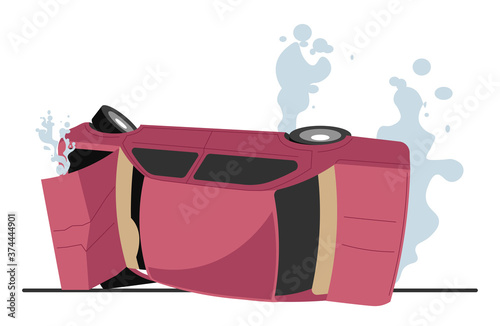 Car crash, traffic accident, burning vehicle with smoke