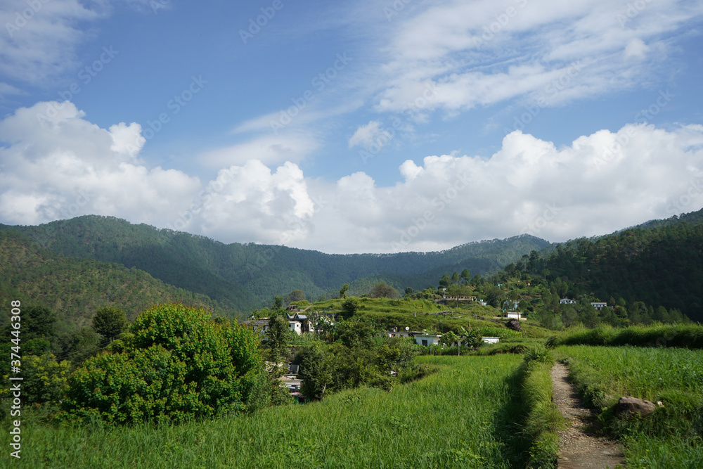 A pathway in between green fields with blurred mountains in the background, cloudy blue sky. A pathway in between green fields with blurred mountains in the background, cloudy blue sky.