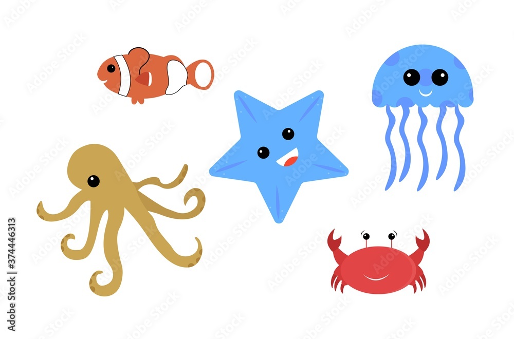 Cute cartoon of 5 different sea animals: Clown Fish, Crab, Jellyfish, Starfish, Octopus