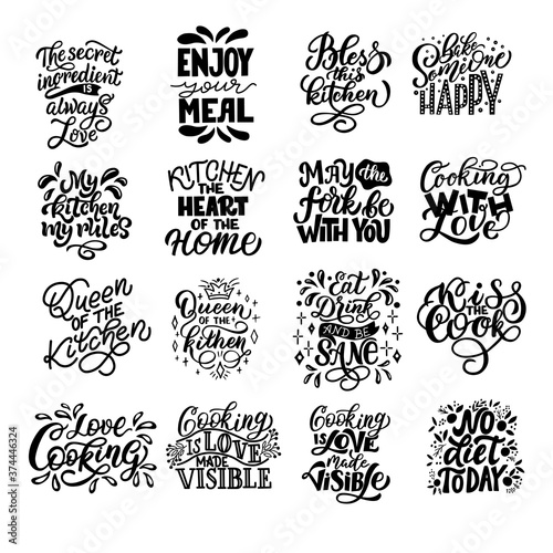 Set of lettering compositions from phrases about the kitchen. Vector monochrome graphics isolated on white background. For the design of posters, stickers, prints on mugs, dishes, wrapping paper, bags