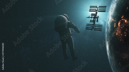 Fototapeta Naklejka Na Ścianę i Meble -  Realistic spaceman fly to revolving ISS Sun flare. Planet Earth night day transition. International Space Station orbiting. 3d animation. Distant world discovery. Elements of media furnished by NASA.