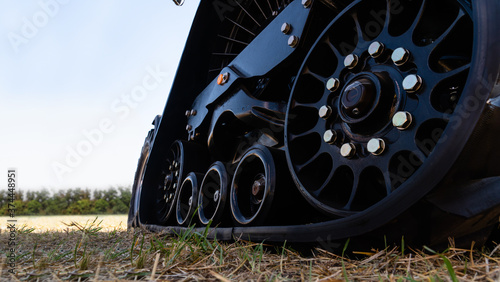 Close up of rubber tracked tractor