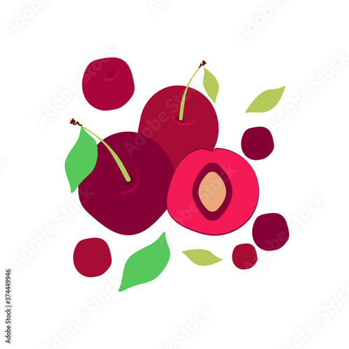 illustration with ripe cherries. berries cherries with leaves. modern abstract design for background, packaging paper, cover, fabric, card