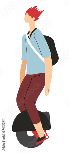Teenager traveling on unicycle or gyro scooter, city transport