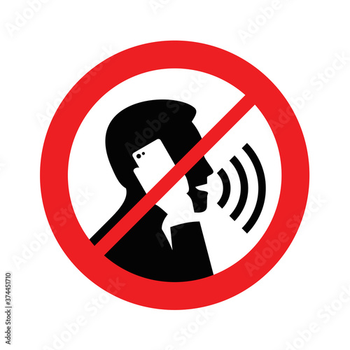 Quiet please, no phone talking - prohibition sign with crossed human silhouette talking on the phone