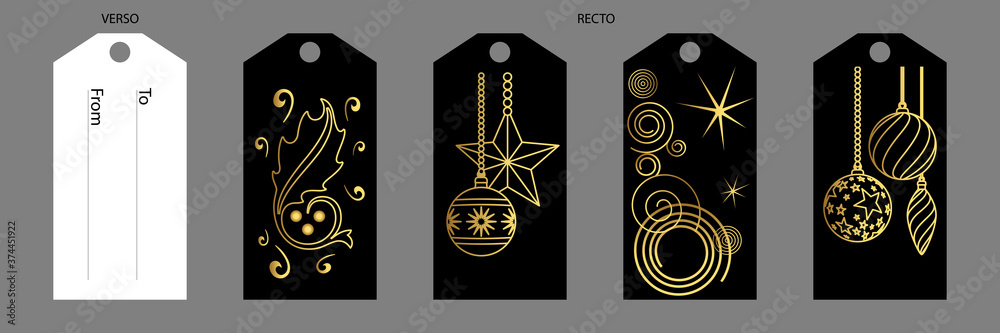 Fototapeta premium Série d’étiquettes raffinée avec différents dessins d’objet de Noël or sur fond noir, pour décorer et nommer le destinataire de vos cadeaux.