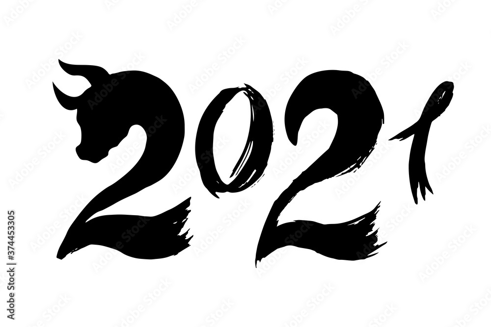 vector grunge date 2021 with bull's head on first digit. The hand-drawn black-ink bull is the symbol of the year 2021 in the Chinese calendar. Traced illustration vector grunge date 2021 with bull's head on first digit. The hand-drawn black-ink bull is the symbol of the year 2021 in the Chinese calendar. Traced illustration