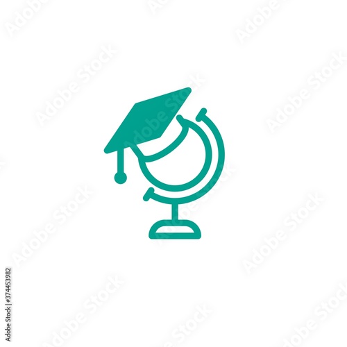 Blue globe icon with graduation cap or mortar board isolated on white. line flat Earth planet.