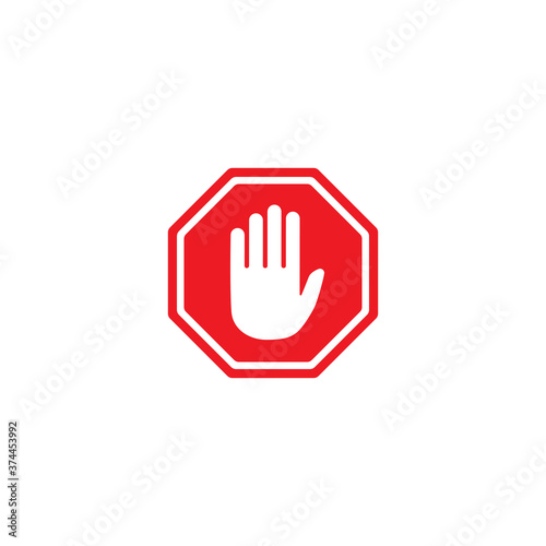 white hand silhouette in red octagon isolated on white background.