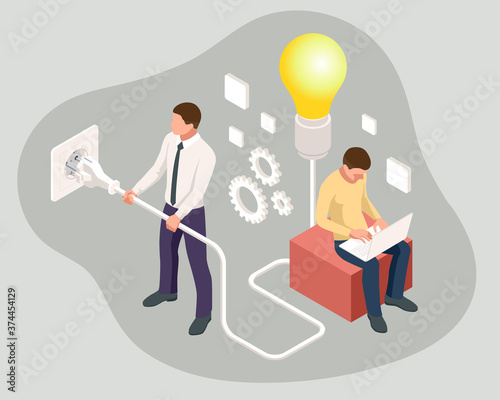 Isometric big light bulb as metaphor idea. Creative idea. New idea, innovation and solution concept