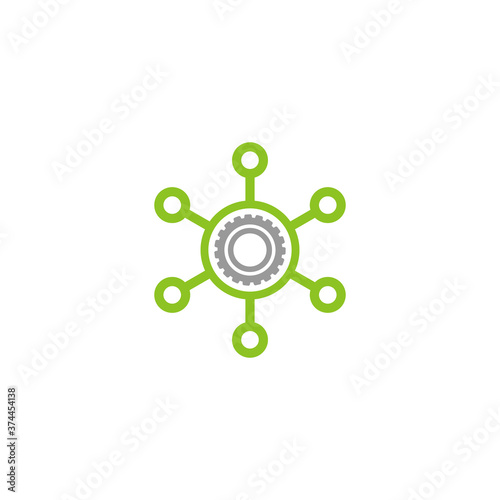 Hub network with gear. Project management, settings. line icon isolated on white.