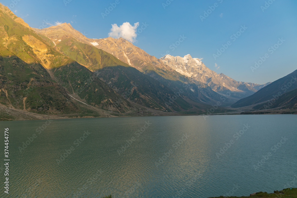 beautiful lake saiful malook and mountains reflection on water - KPK lake in the summer evening with clear sky