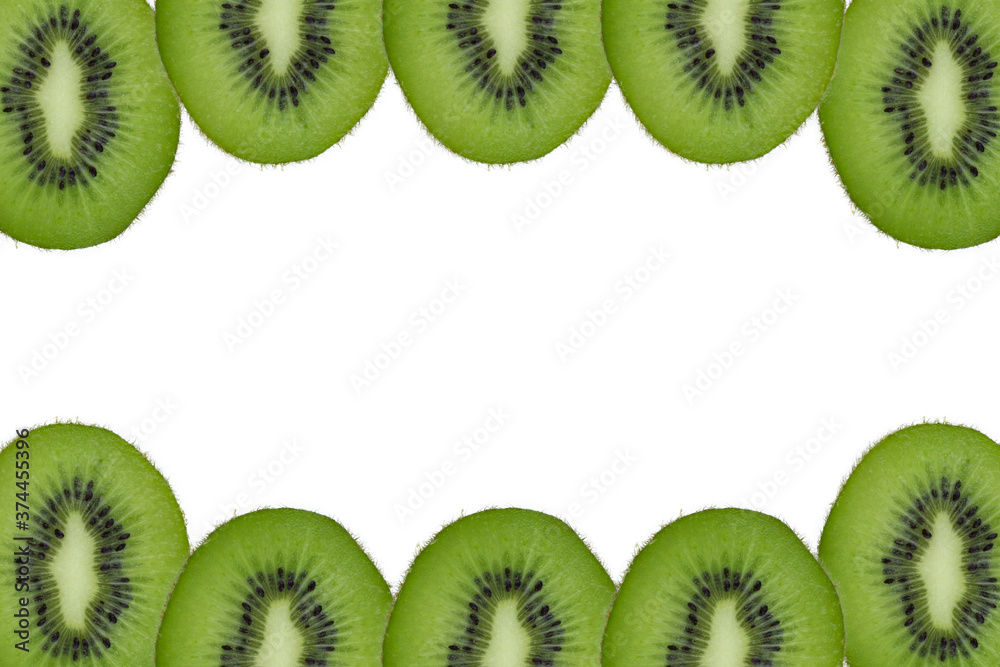 Fototapeta premium Seamless pattern of kiwi, slices of kiwi on a white background. From top to bottom. Background of parts of fresh, juicy kiwi
