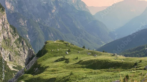 View from Mngart saddle. Beautiful Alp landscape in Slovenia. View of Italian mountains.