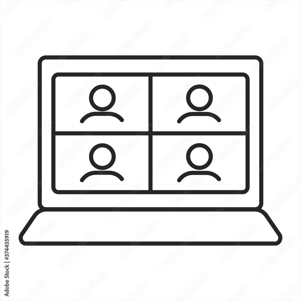 Conference video call on laptop thin line icon. Working from home