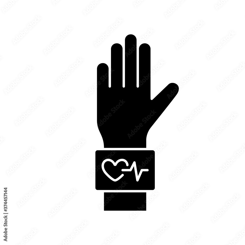 Obraz premium Silhouette Digital wristband, heart rate check. Electronic blood pressure monitor. Outline illustration of measuring heartbeat on wrist, hand with cuff. Flat isolated vector icon on white background