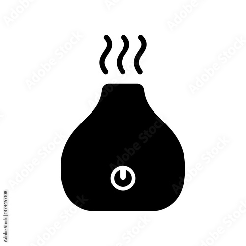 Silhouette Electronic aroma diffuser with power button, air stream. Outline icon of air freshener. Black illustration of electric device for home. Flat isolated vector pictogram, white background