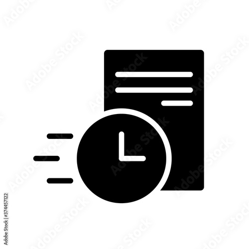 Fast contract or instant deal. Silhouette icon. Black illustration of quick paperwork, business negotiations, submit formal request, receive response letter. Flat isolated pictogram, white background