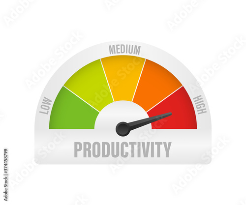 Productivity icon on speedometer. High Productivity meter. Vector stock illustration.