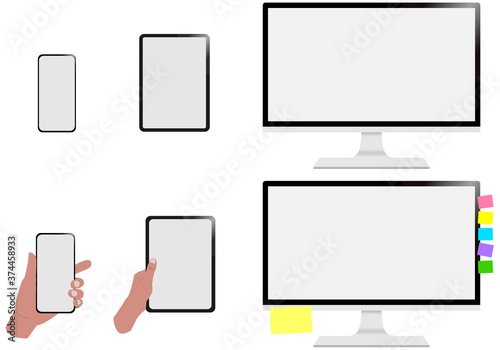 Set realistic Desktop,tablet and phone with hand,sticky notes.Mock-up Vector illustration, white, frame,	