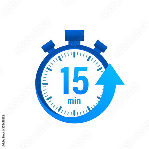 The 15 minutes, stopwatch vector icon. Stopwatch icon in flat style, timer on on color background. Vector illustration.