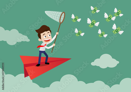 Businessman is standing on paper plane floating in the sky and trying to catch the flying money