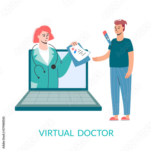 Virtual doctor. Get sick leave online using your laptop. . Mobile consultation, competent medical assistance. Modern telemedicine, cartoon character, vector.