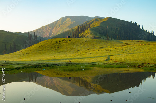 landscape with small lake and mountains - mountain reflection on the water - siri paye Medows clear sky