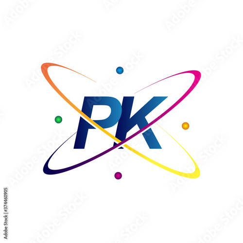 initial letter PK logotype science icon colored blue, red, green and yellow swoosh design. vector logo for business and company identity.