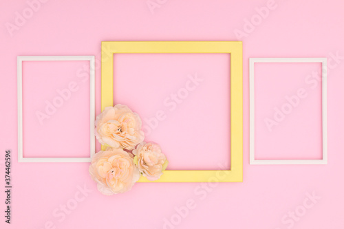 Decorative wooden photo frame on pink background  © Long Frame