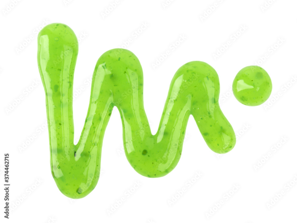 Pistachio jam drizzle isolated on white background. Splashes of green jam. Top view. Pistachio jam drizzle isolated on white background. Splashes of green jam. Top view.