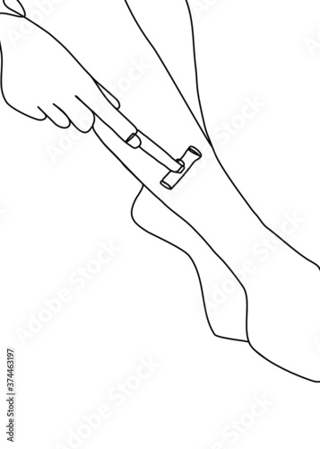 drawing line, Young woman holding razor and shaving legs at bathroom 