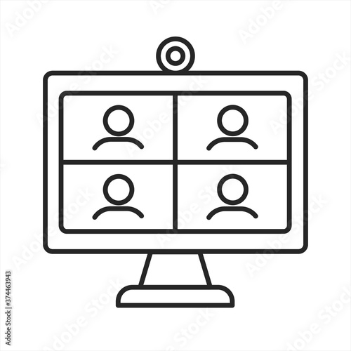 Computer monitor screen icon with group of people making online videoconference. Online meeting via group call. Webcam. Conversation in zoom room. Vector thin line illustration. Editable stroke.