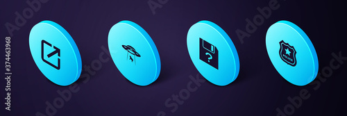 Set Isometric Police badge, Unknown document, UFO abducts cow and Open in new window icon. Vector.