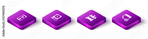 Set Isometric Flight mode in the mobile, Hard disk drive with clockwise, Car sharing and Financial calendar icon. Vector.