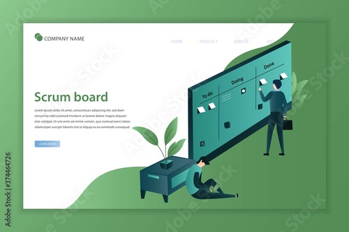 Illustration vector planning on the scrum board landing page. people sticking papers on and analyzing processes. Agile project management and Scrum task board. Landing page, template, homepage, poster