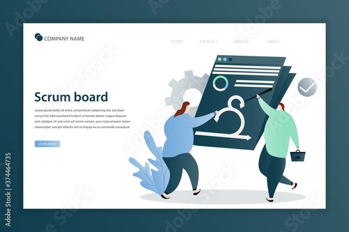 Illustration vector planning on the scrum board landing page. people sticking papers on and analyzing processes. Agile project management and Scrum task board. Landing page, template, homepage, poster