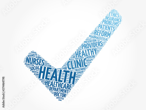 Health check mark word cloud collage, concept background