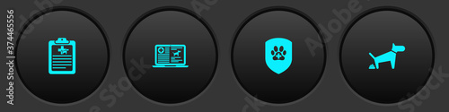 Set Clinical record pet, dog on laptop, Animal health insurance and Dog pooping icon. Vector.