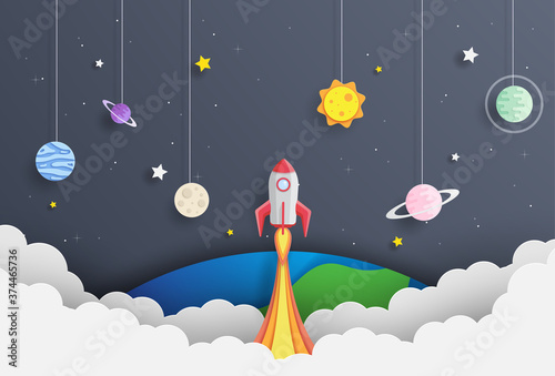 Paper art style of rocket flying over the earth, start up concept, flat-style vector illustration.