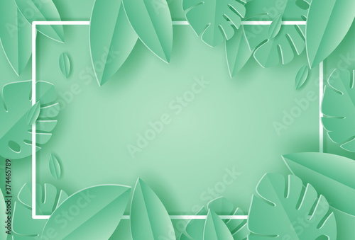 Paper cut of tropical green leaves with white frame layout template abstract background.Vector illustration.